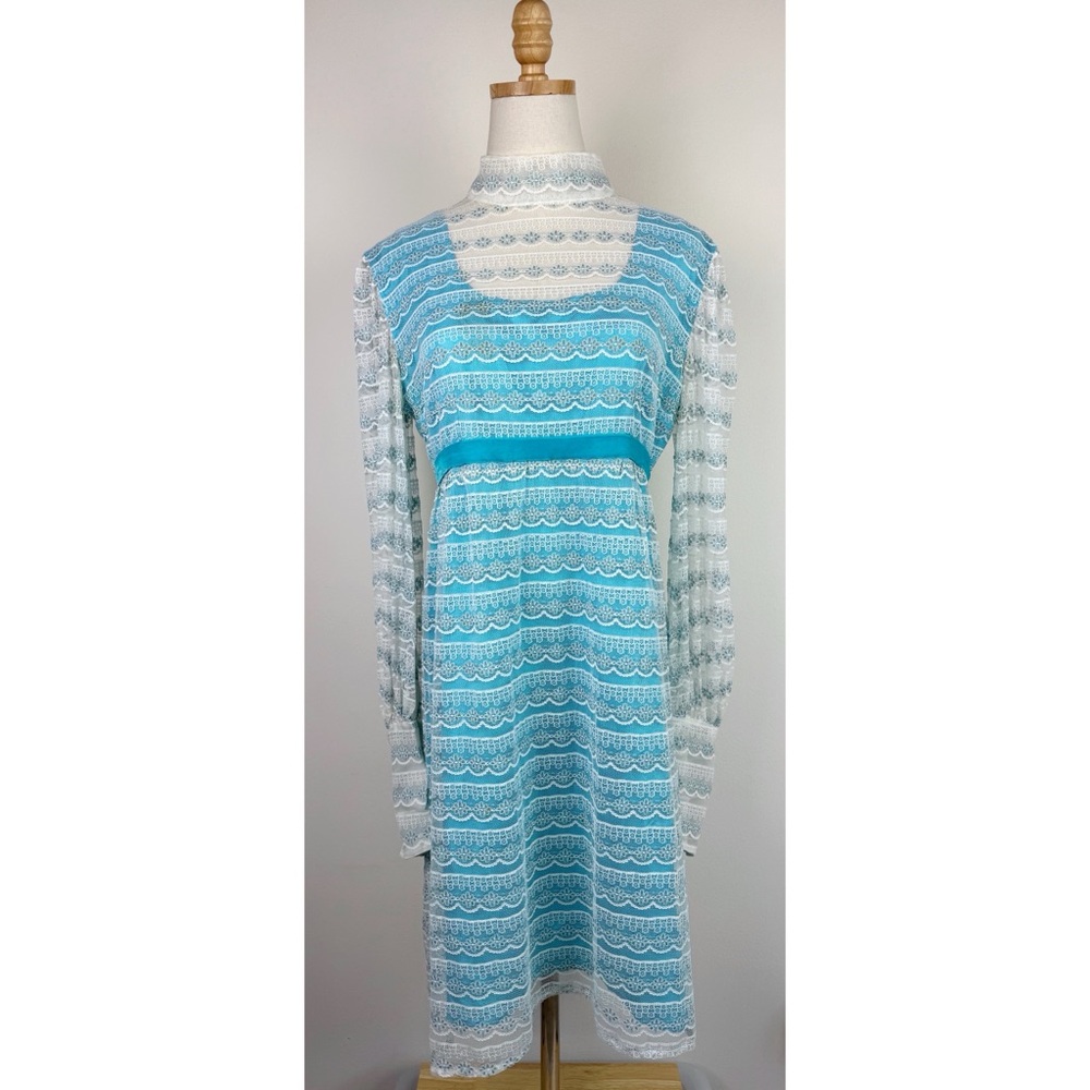 Vintage 60's Blue Lace Overlay Mockneck Dress
